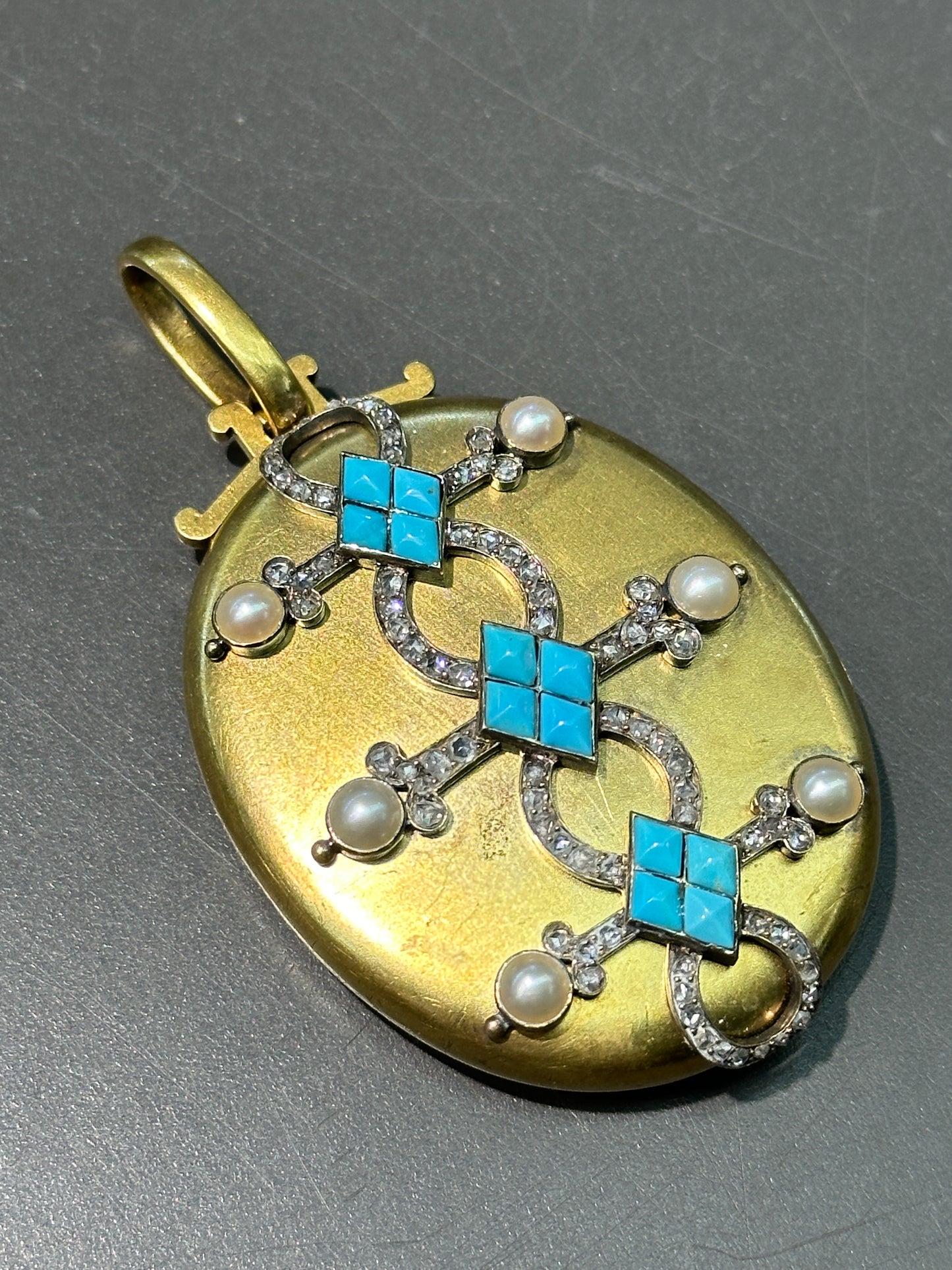 Victorian 18K Gold Turquoise Pearl Diamond Oval Locket Pendant