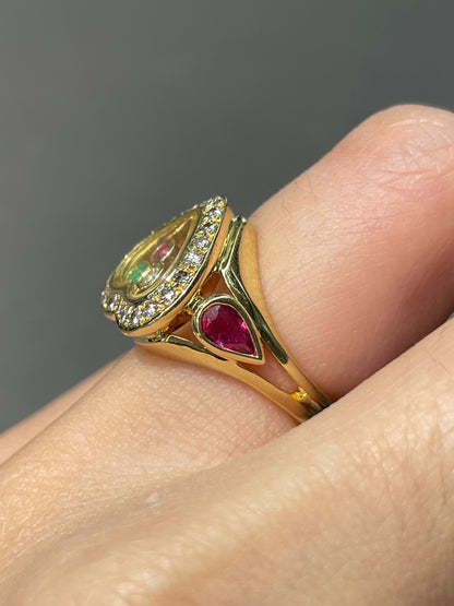 18K Yellow Gold Diamond Sapphire Ruby Floating Heart Ring