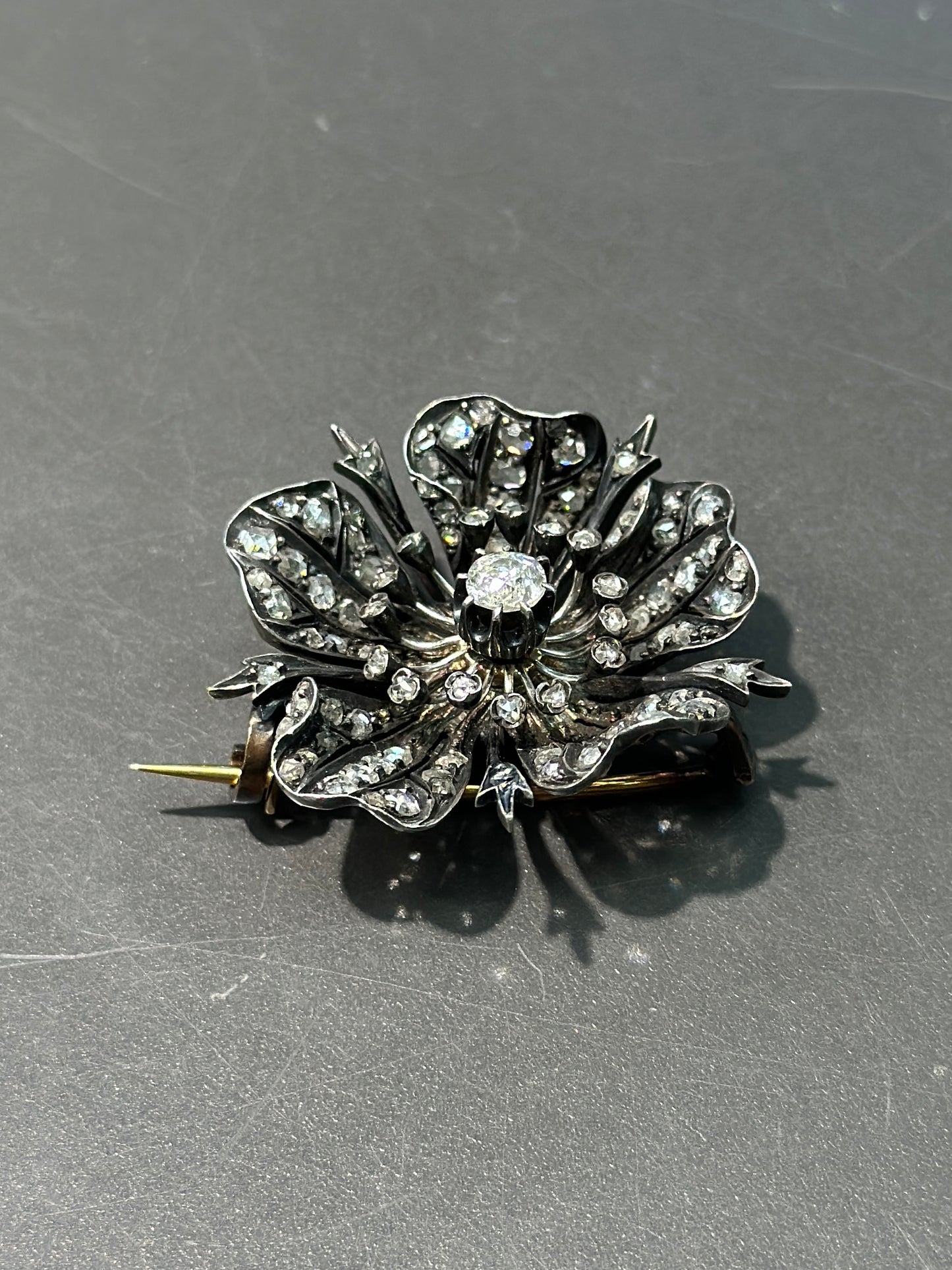 French Victorian Silver and 18K Gold Diamond Flower Brooch