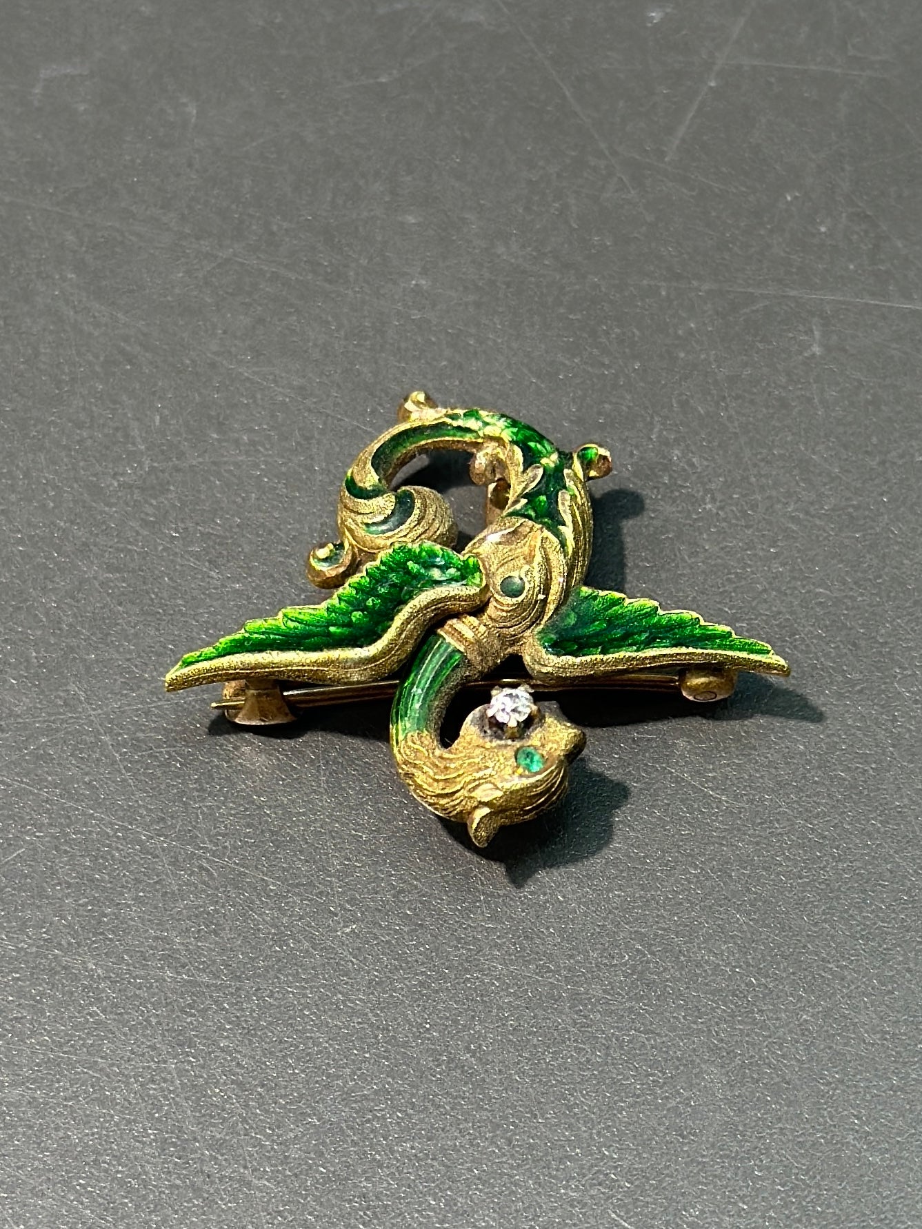 Art Nouveau 14K Gold Enamel Dragon Griffin Brooch