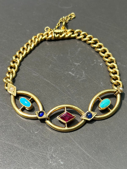 爱德华时代 18K 金红宝石蓝宝石绿松石珍珠链环手链