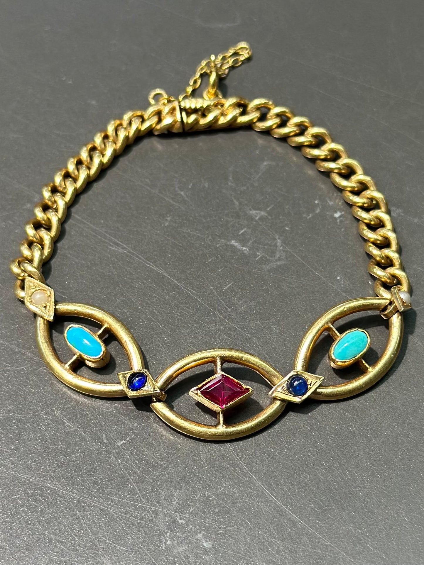 Edwardian 18K Gold Ruby Sapphire Turquoise Pearl Curb Link Bracelet