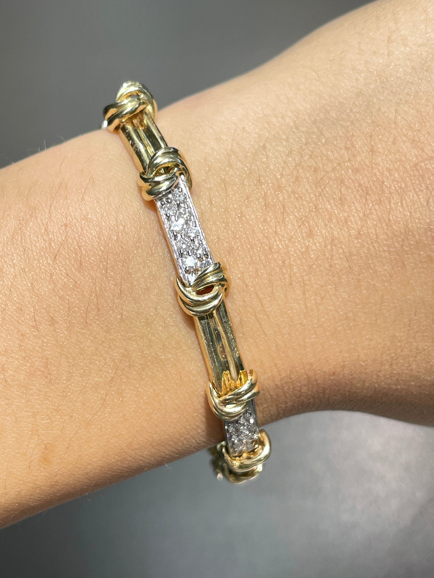 Vintage 14K Gold 1.44 CTW Diamond Knot Station Bracelet