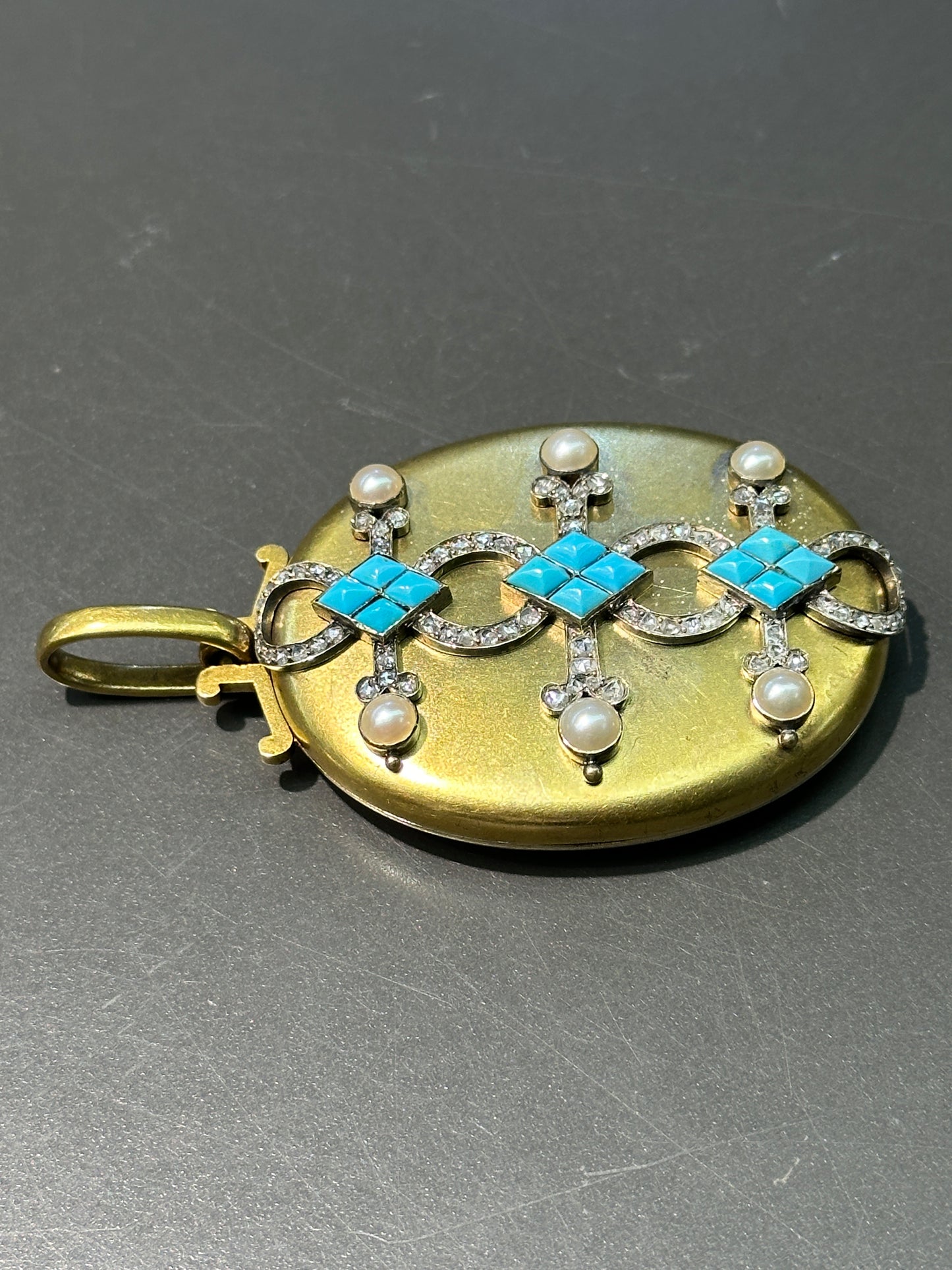 Victorian 18K Gold Turquoise Pearl Diamond Oval Locket Pendant