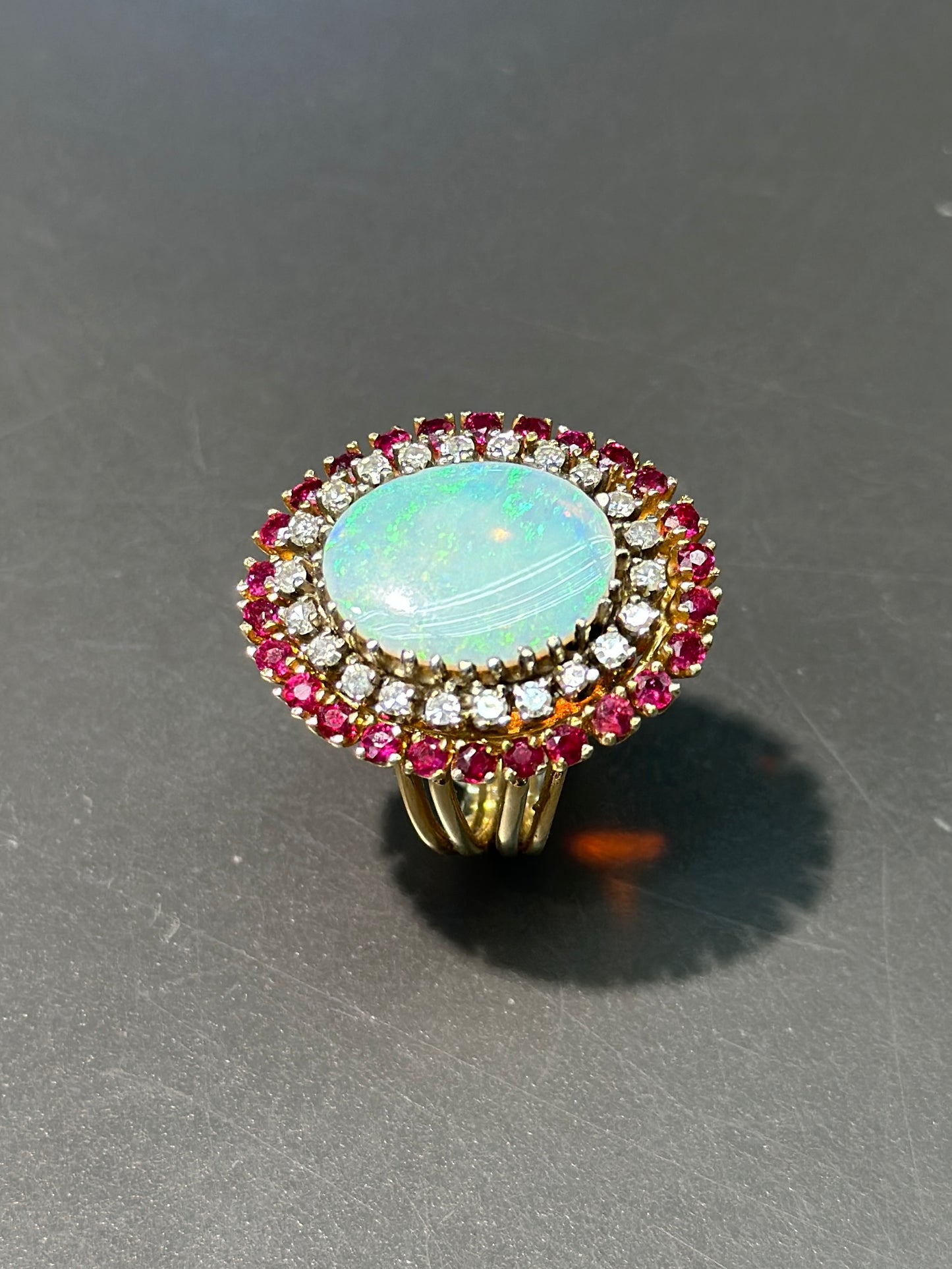 Vintage 14K Gold Opal Diamond Ruby Statement Ring