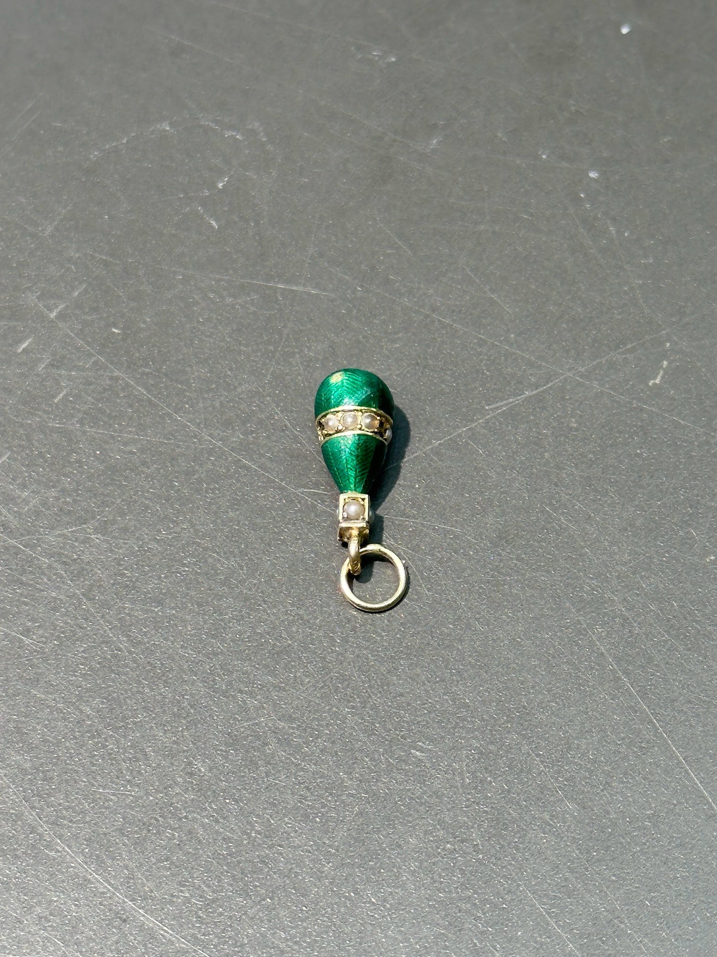 Antique 14K Gold Green Enamel Seed Pearl Drop Charm