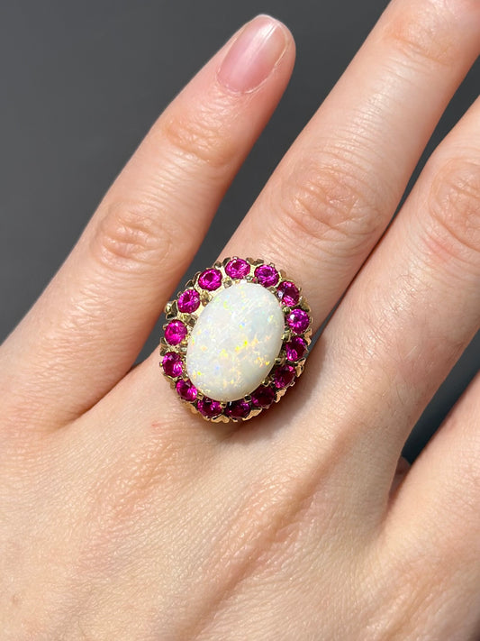 Vintage 14K Gold Opal and Synthetic Ruby Halo Ring Size 6.5