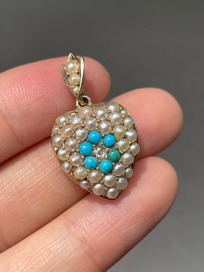 Antique Victorian 15K Yellow Gold Turquoise Pearl Diamond Heart Pendant
