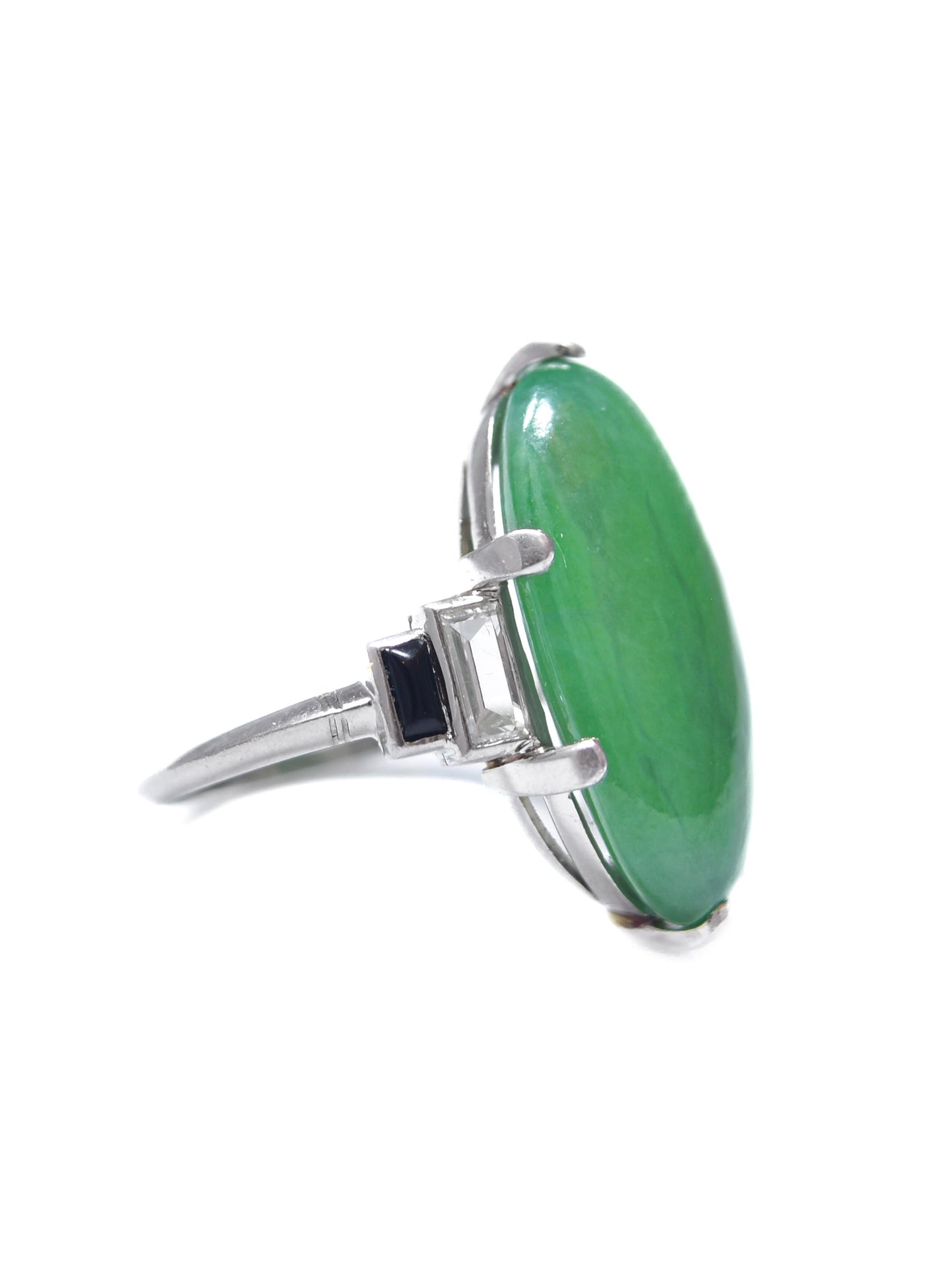 Antique Art Deco Platinum Jade Cabochon Diamond Onyx Ring GIA