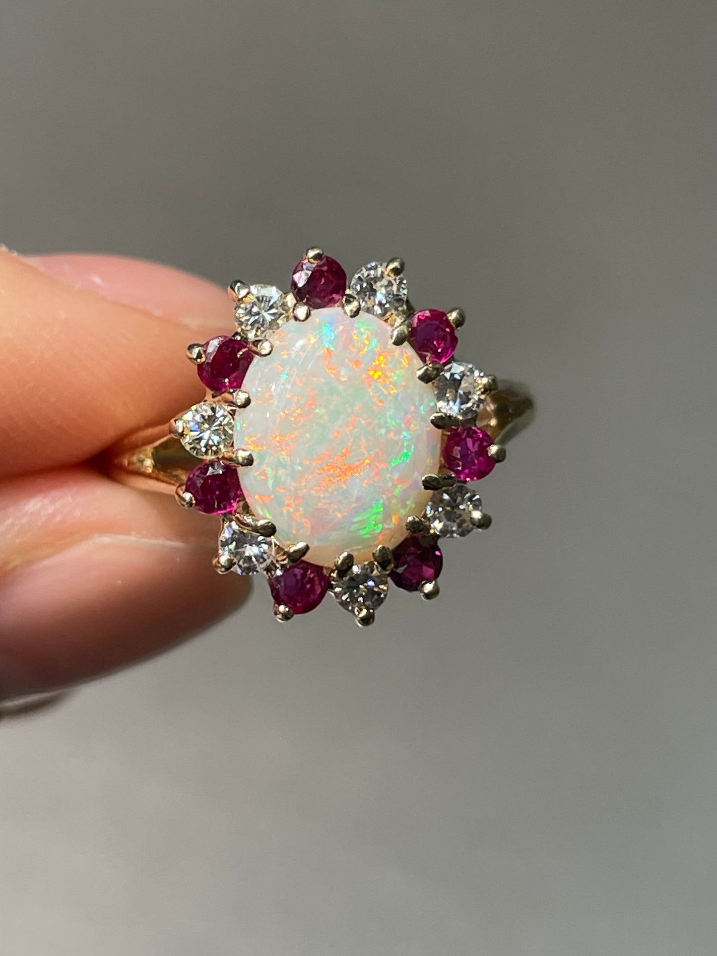 14K Yellow Gold Opal Ruby Diamond Halo Ring