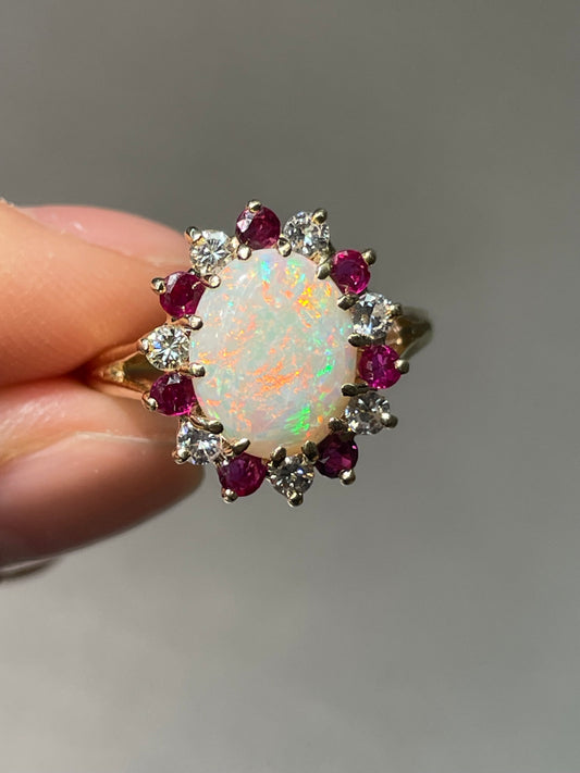 14K Yellow Gold Opal Ruby Diamond Halo Ring