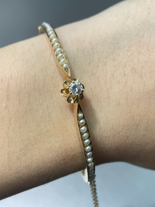 Vintage 14K Gold 0.25 CTW Diamond Seed Pearl Bangle