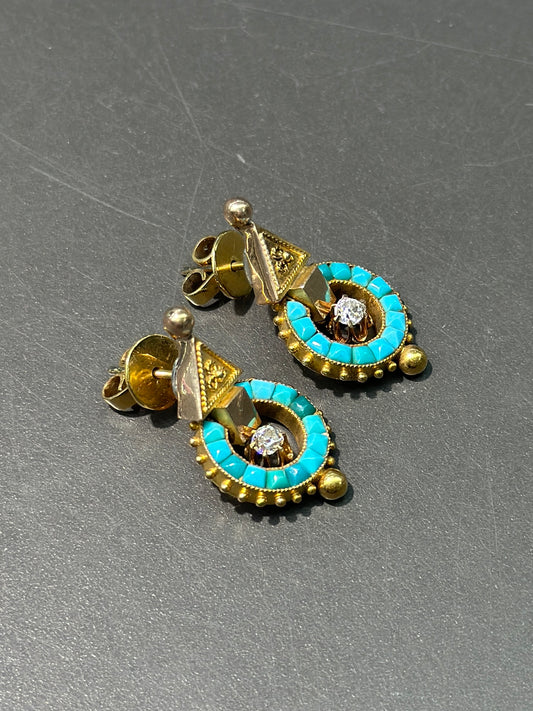 Victorian Etruscan 18K Gold Turquoise Diamond Drop Earrings