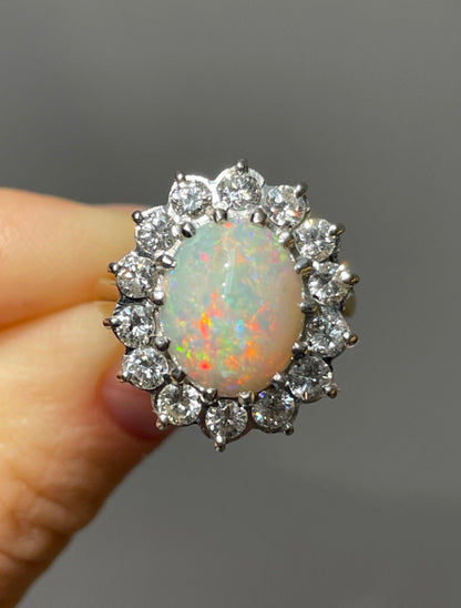 Vintage 18K Yellow Gold 1.12 CTW Opal Diamond Halo Ring