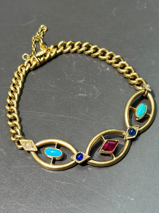 Edwardian 18K Gold Ruby Sapphire Turquoise Pearl Curb Link Bracelet