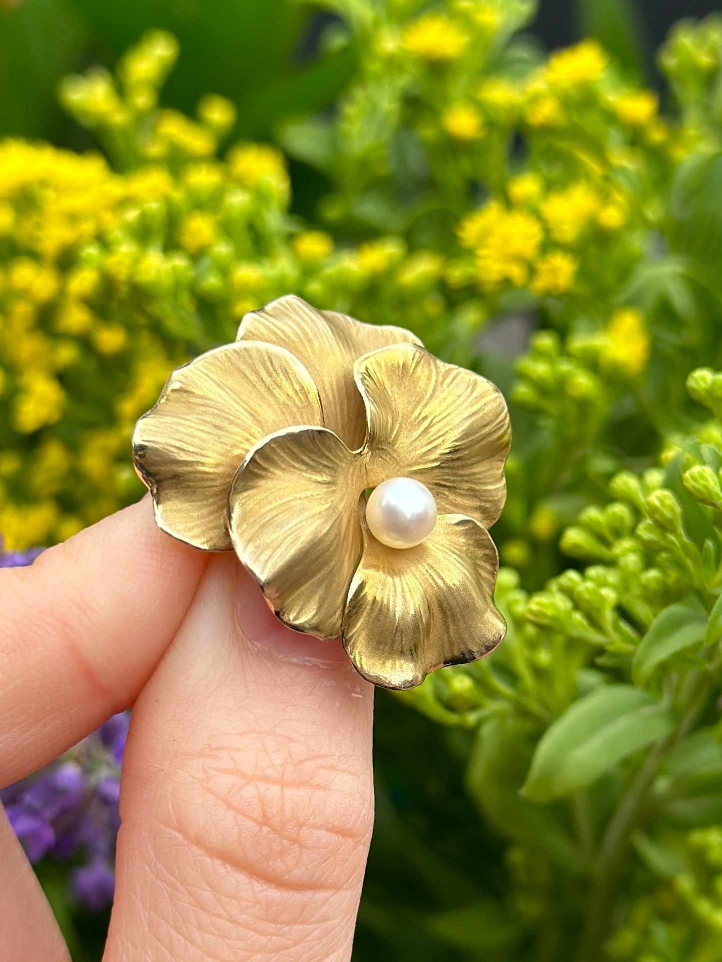 broche de fleur de pensée de perle d’or vintage 14K