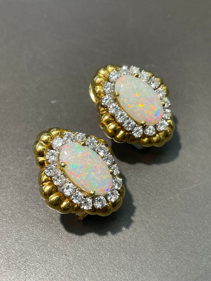 Vintage 18K Yellow Gold Opal 1.6 CTW Diamond Halo Earrings