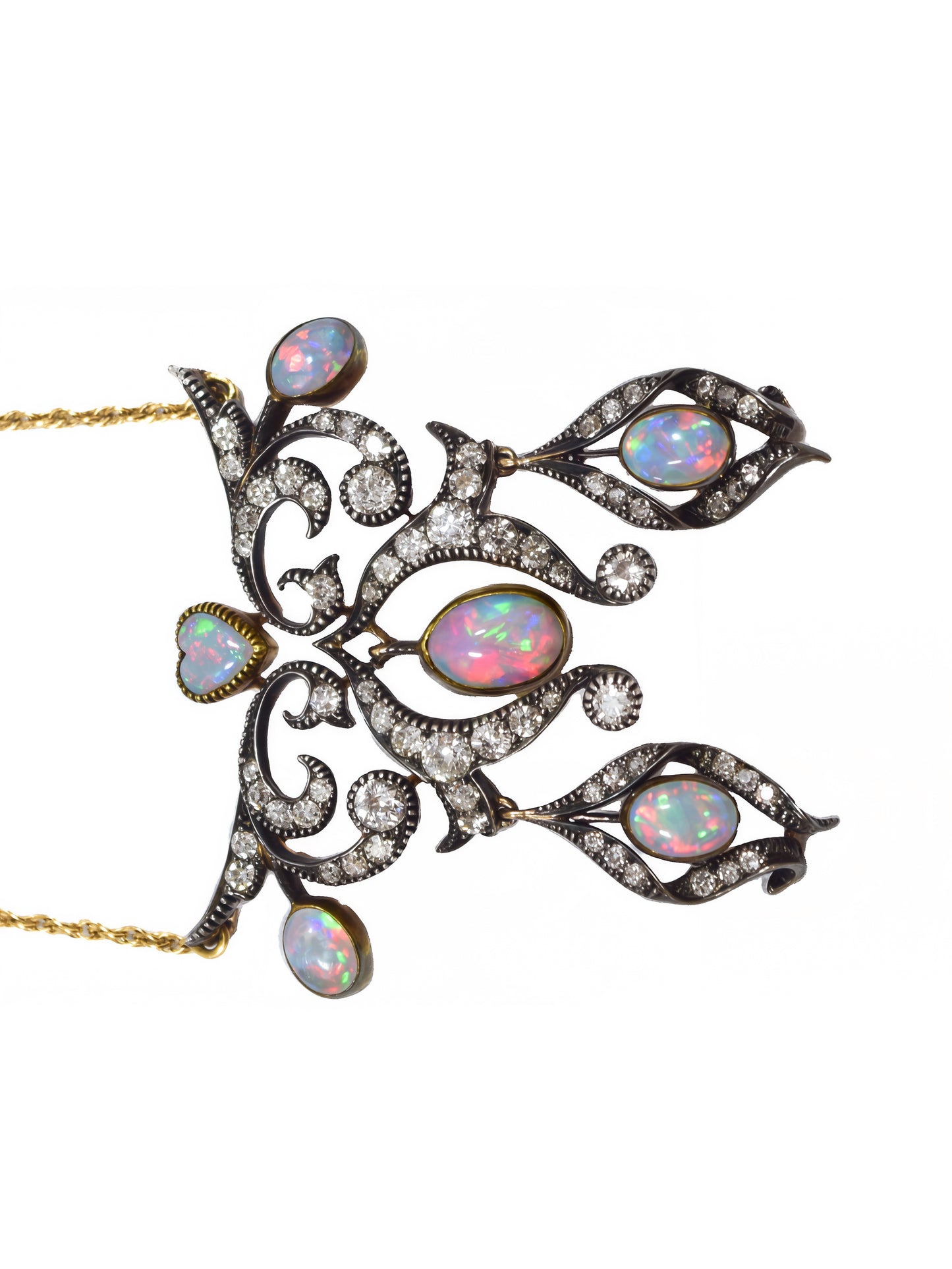 Antique 14K Gold Topped Silver Diamond Opal Lavaliere Pendant