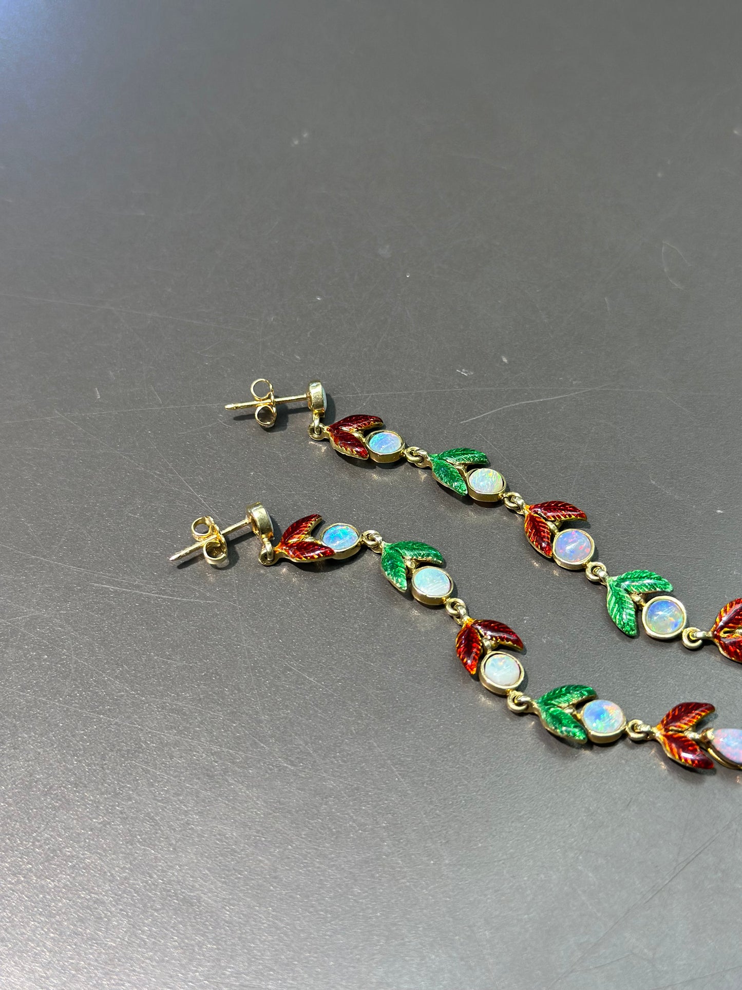 18K Gold Enamel Opal Drop Earring