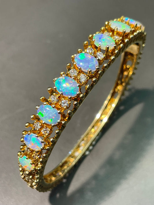 14K 金天然蛋白石 3.0 CTW 钻石手镯
