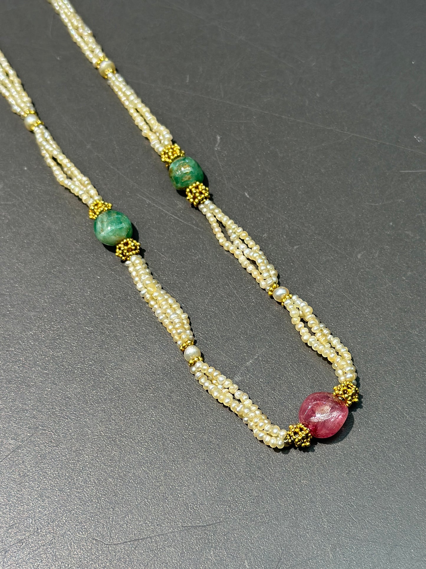 Antique Multi-Strand Natural Saltwater Pearl Emerald Ruby Necklace