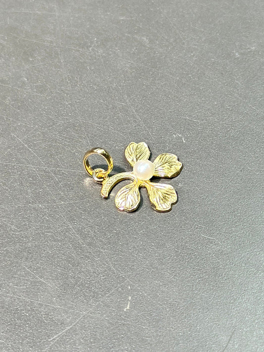 复古 14K 金珍珠四叶草吊饰