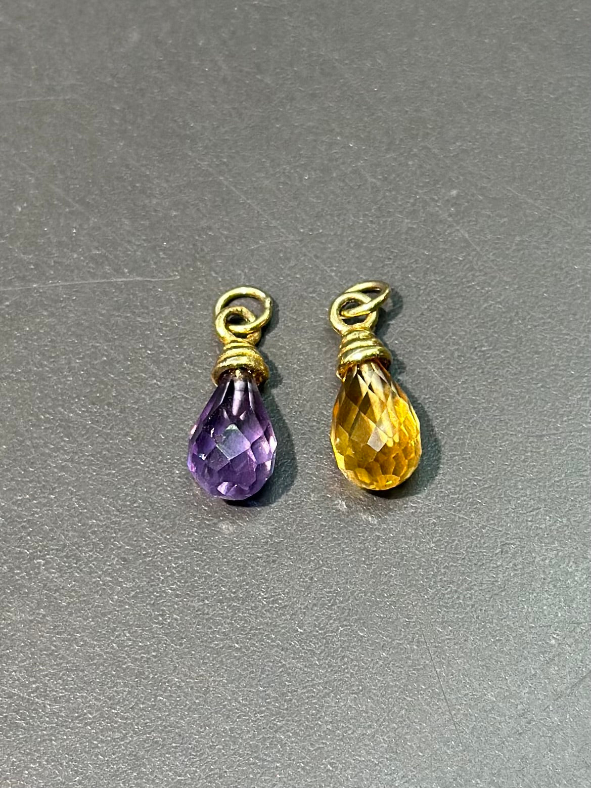 18K Gold Citrine and Amethyst Drop Charms