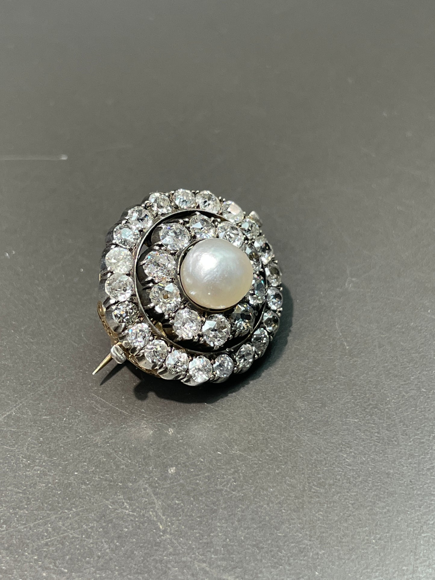 Edwardian Silver Topped 14K Gold Natural Saltwater Pearl Diamond Halo Brooch