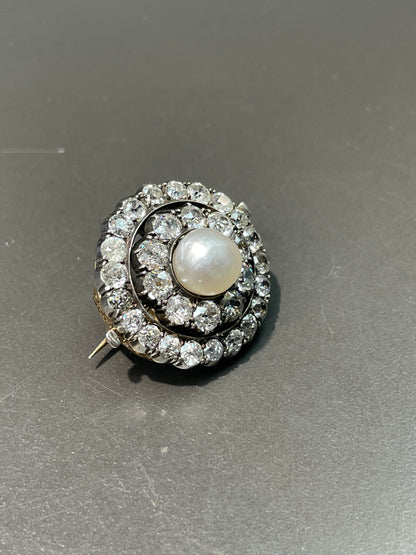 Edwardian Silver Topped 14K Gold Natural Saltwater Pearl Diamond Halo Brooch
