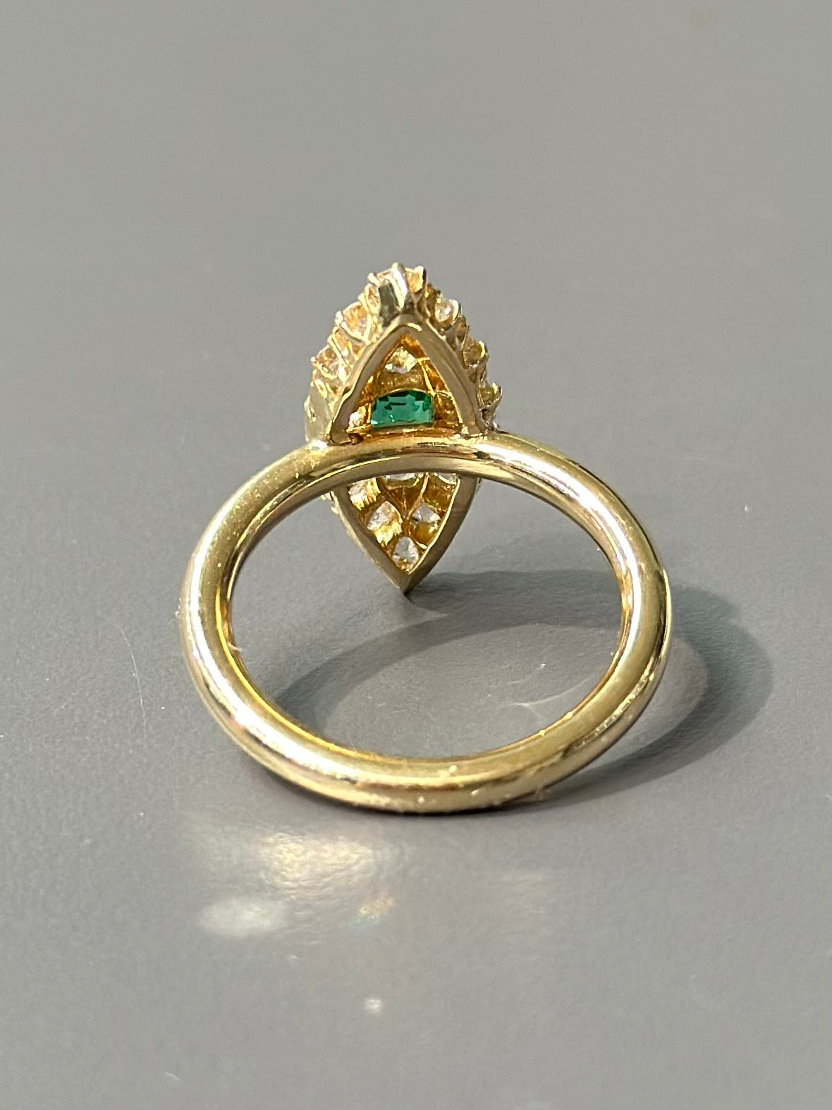 Antique 14K Gold Emerald Diamond Navette Ring SZ 6.75