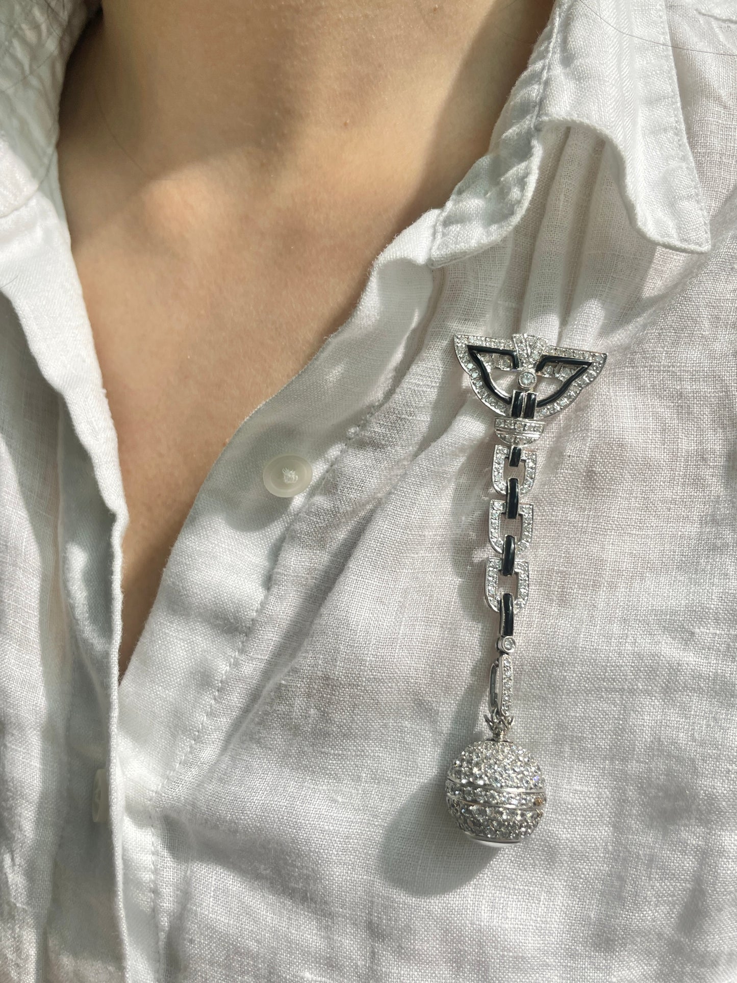 Antique Platinum 7.50 CTW Diamond Onyx Orb Watch Brooch