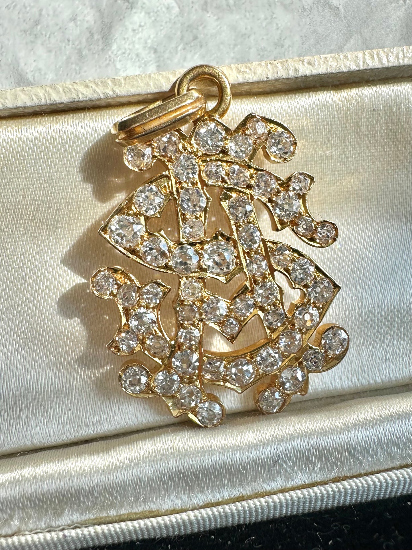 Edwardian 14K Gold Old Mine Cut Diamond Monogram “A” “S” Pendant