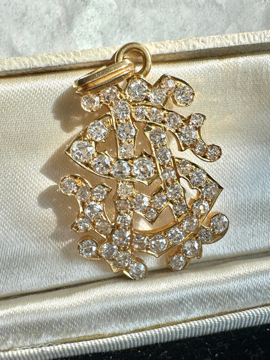 Edwardian 14K Gold Old Mine Cut Diamond Monogram “A” “S” Pendant