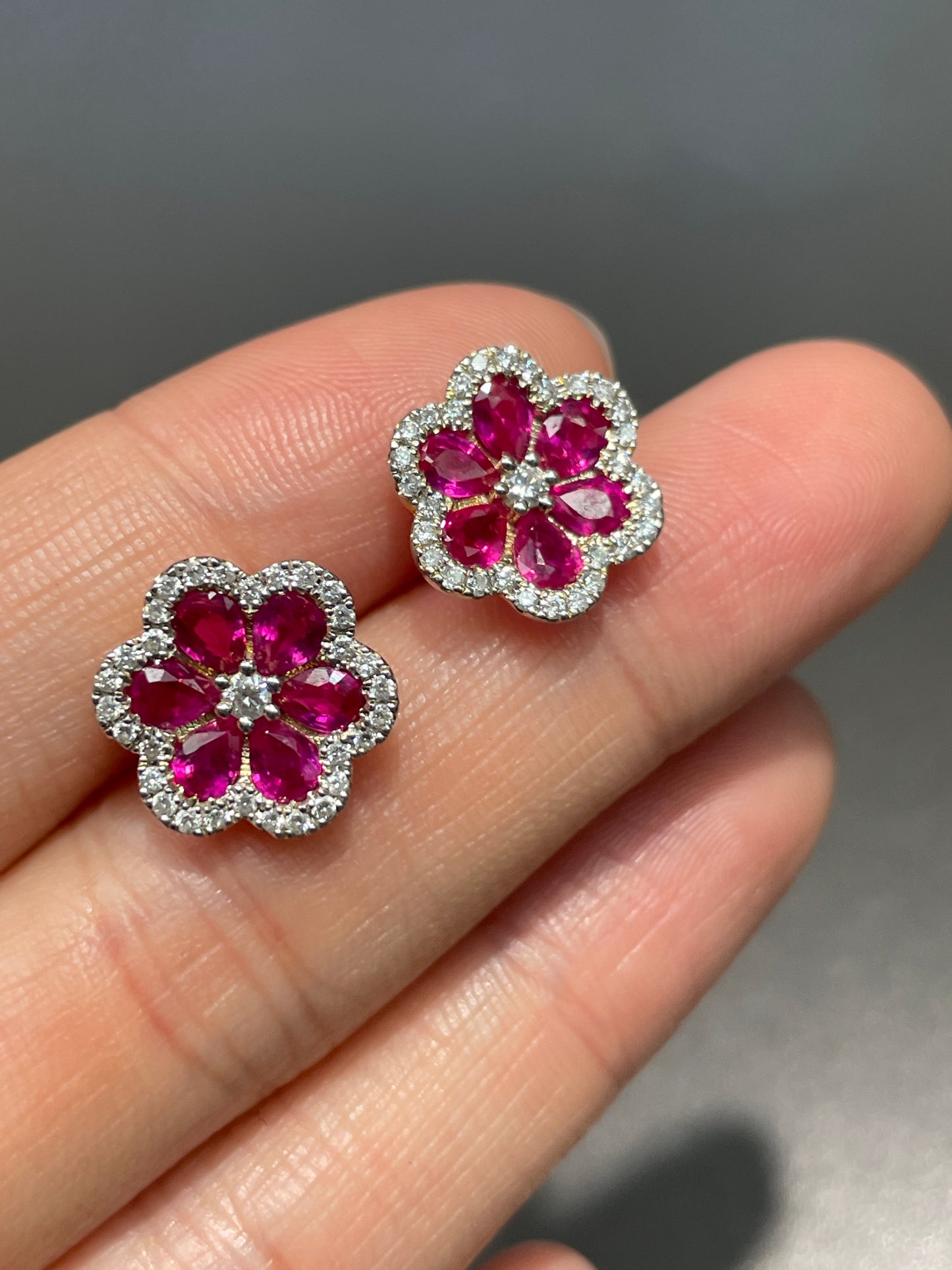 14K Gold Ruby Diamond Flower Stud Earring