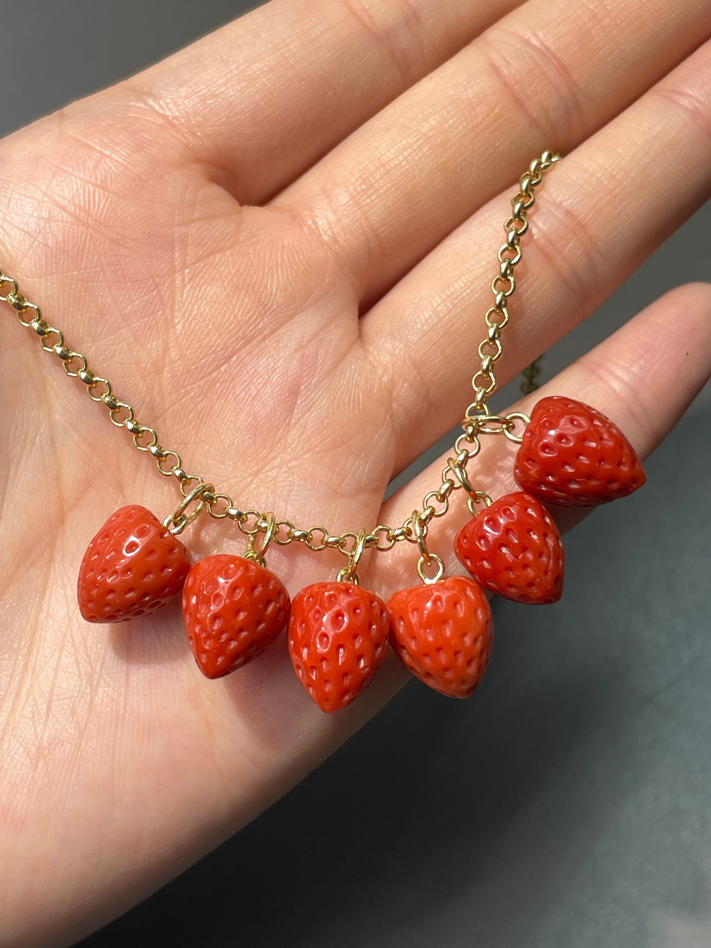 18K Gold Large Hand-Carved Coral Strawberry Charm