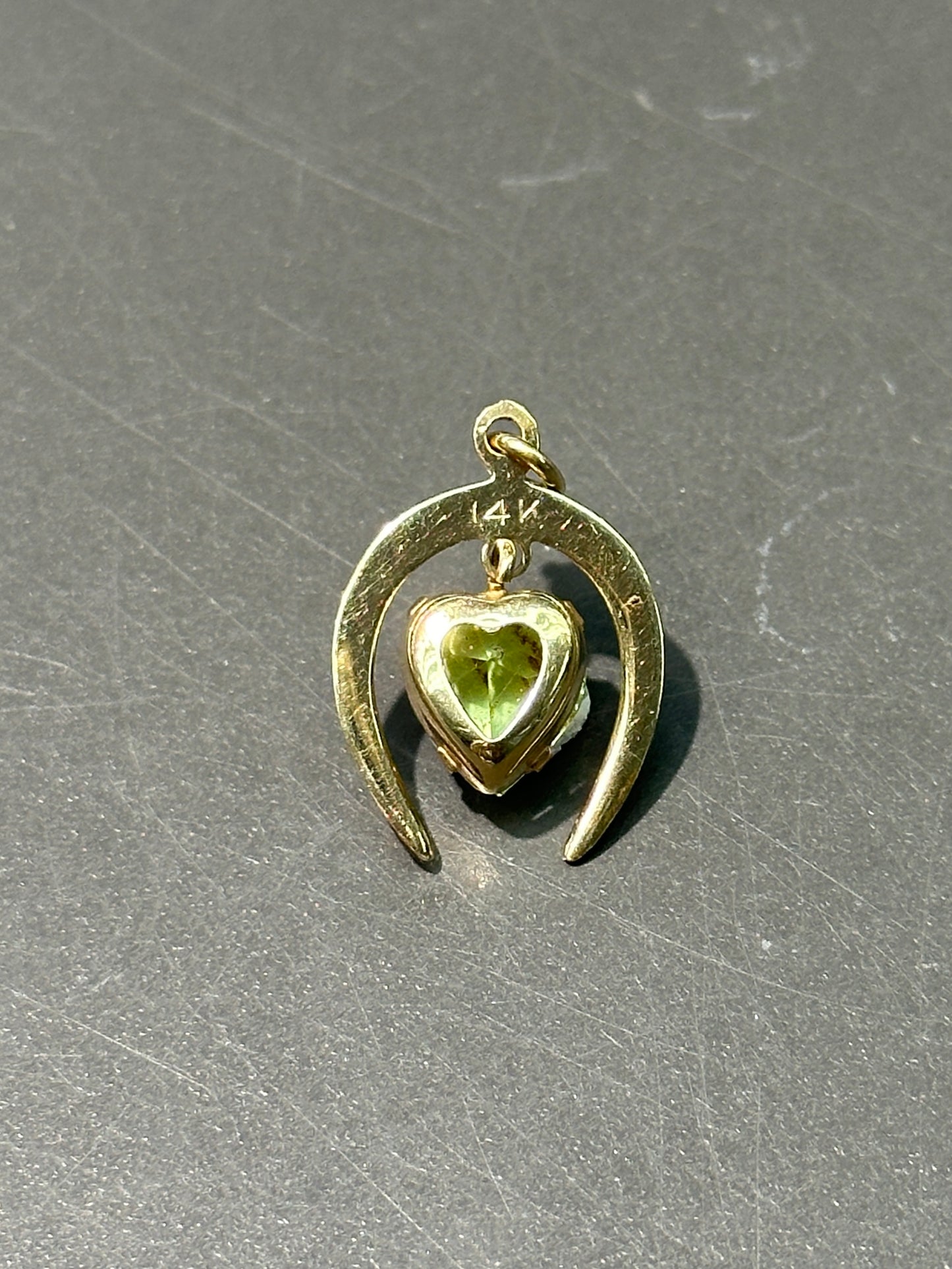 Vintage 14K Gold Heart Shaped Peridot Horse Shoe Charm