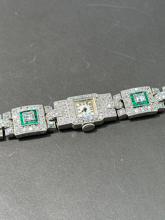 Art Deco Platinum Diamond Emerald Watch 6.75”