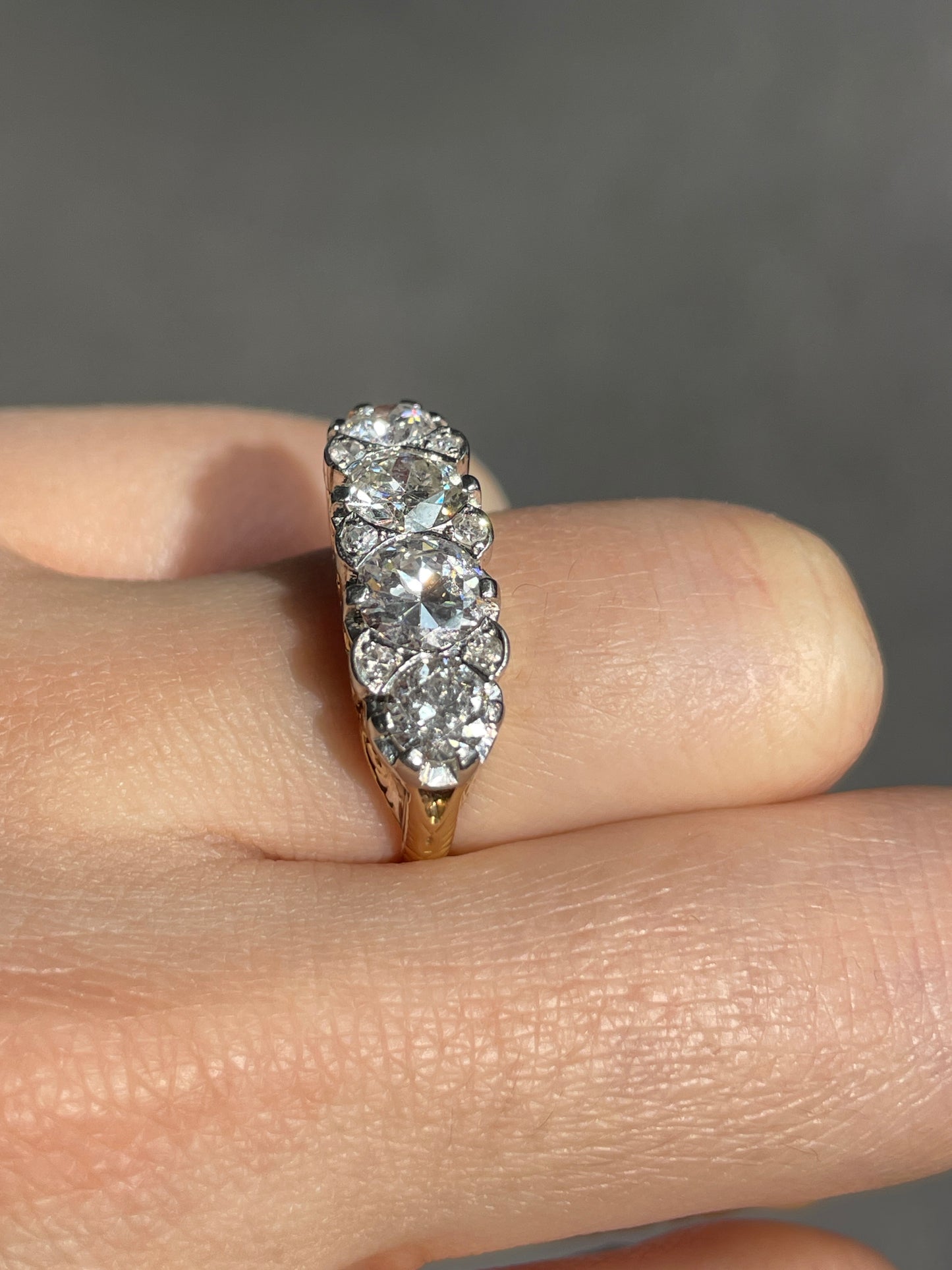 Antique 18K Yellow Gold Topped Platinum 2.62 CTW Four Stone Diamond Ring