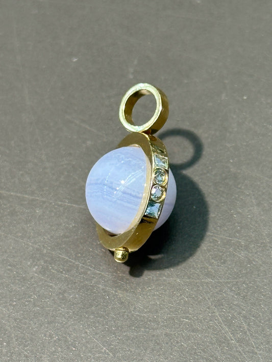 18K Gold Blue Agate Topaz Cosmic Spinner Ball Charm