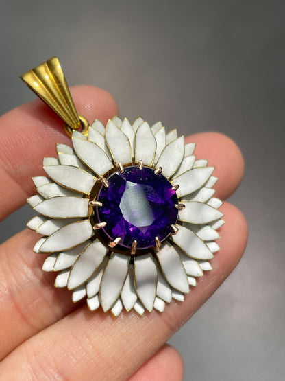 Victorian 18K Gold Amethyst White Enamel Flower Pendant