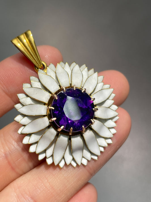 Victorian 18K Gold Amethyst White Enamel Flower Pendant
