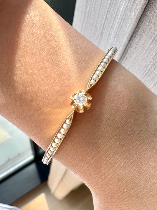 Vintage 14K Gold Diamond Seed Pearl Bangle