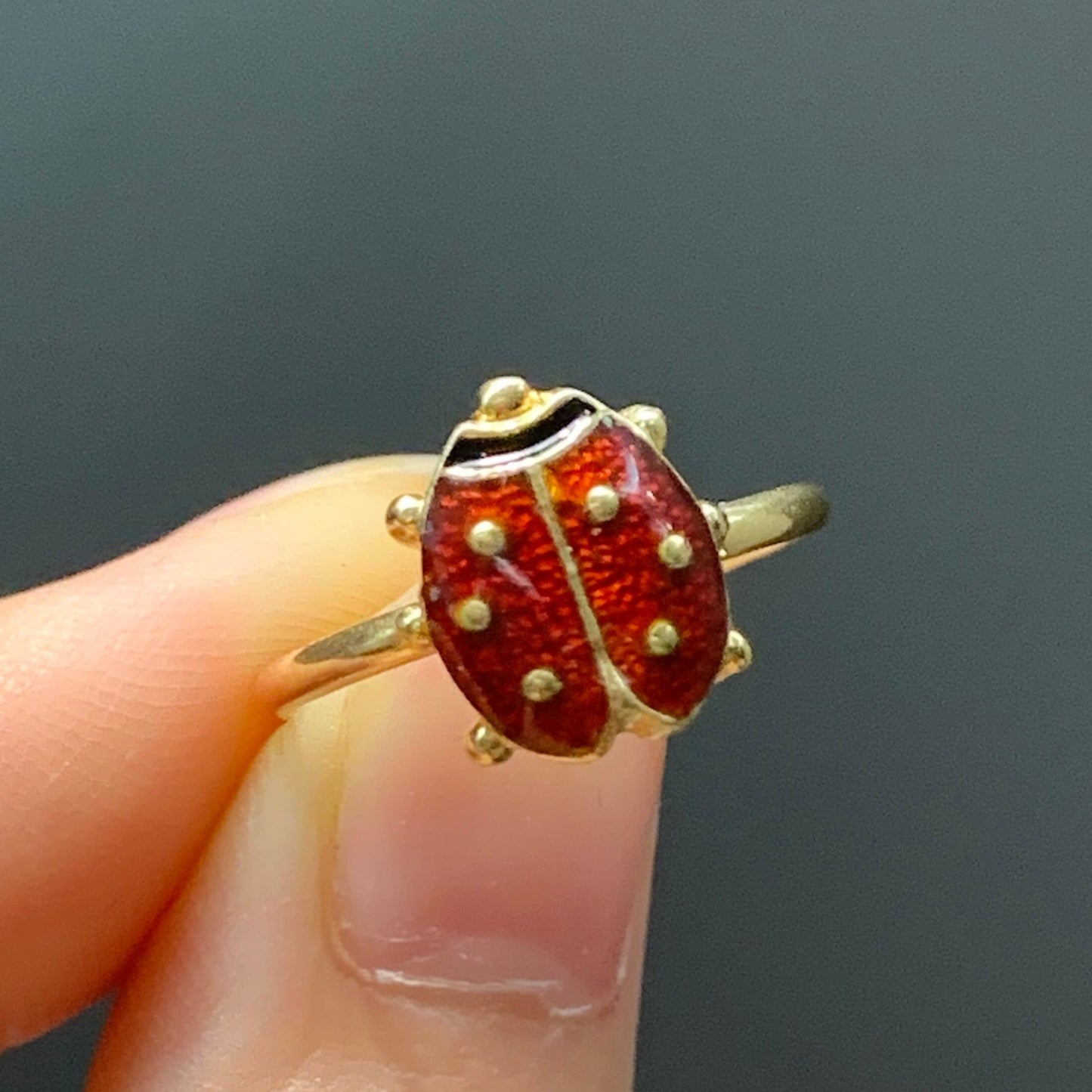 [ON HOLD] 18K Yellow Gold Enamel Red Lady Bug Ring Size 6