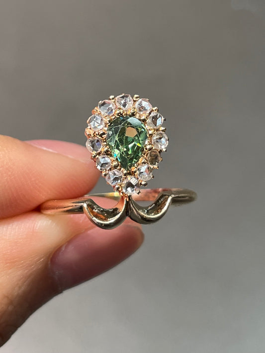 Antique Russian 14K Yellow Gold 0.71 CTW Drop Demantoid Garnet Diamond Halo Tiara Ring