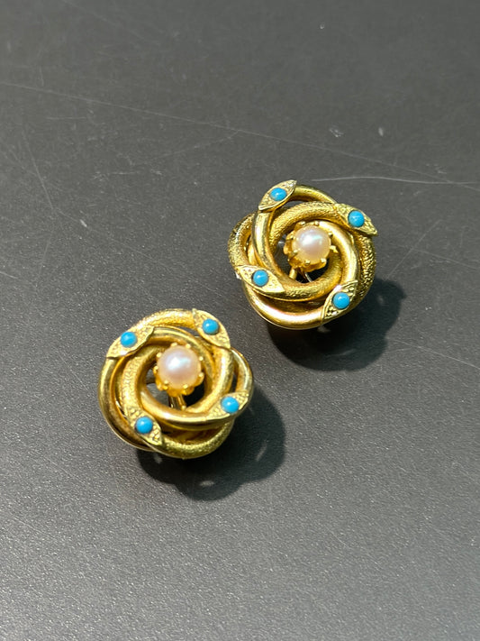 Victorian 18K Gold Turquoise Pearl Love Knot Earring