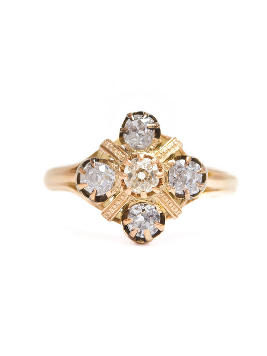 Victorian 15K Gold 1.25 CTW Old Mine Cut Diamond Quatrefoil Ring