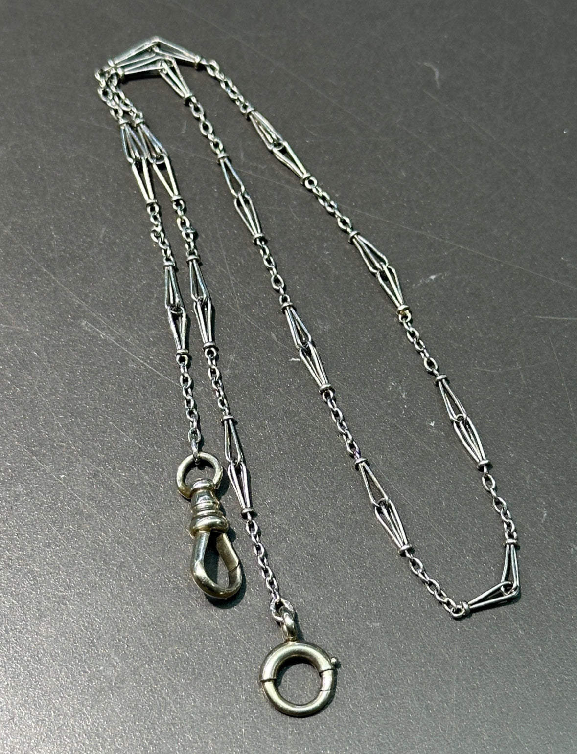 Art Deco 14K White Gold Motif Watch Chain Necklace 14 inch