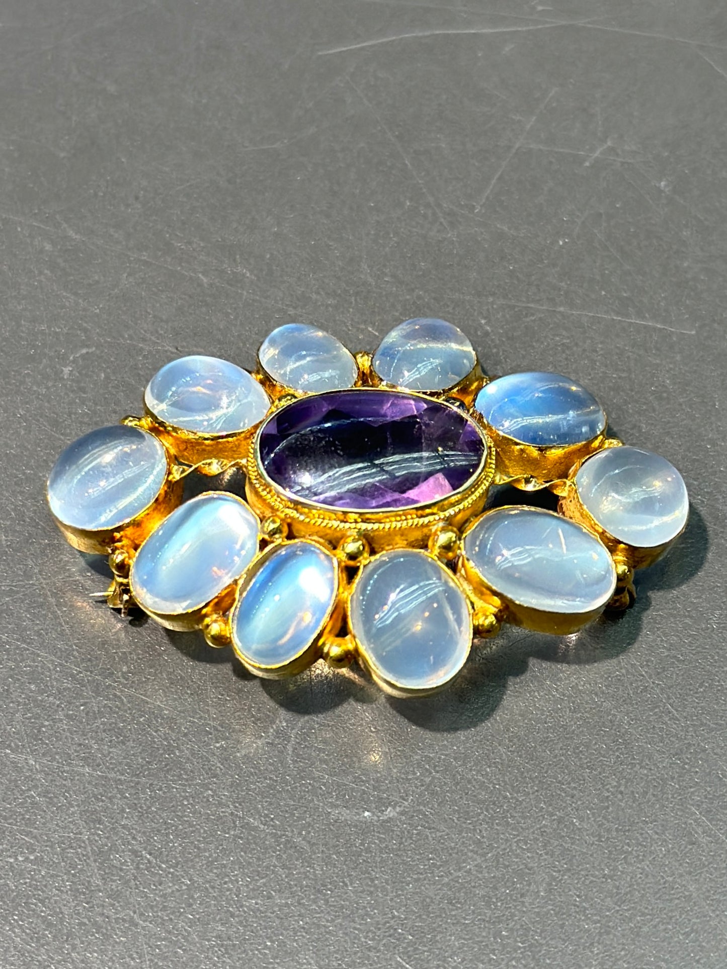 Georgian 14K Gold Moonstone Faceted Amethyst Brooch