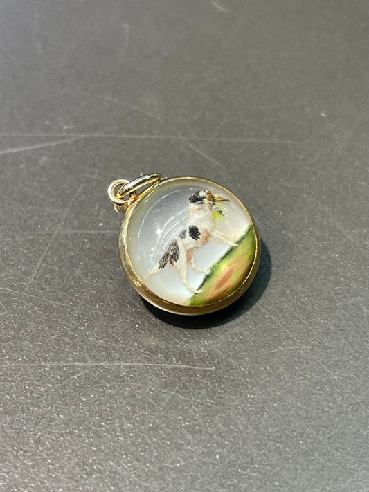 古董 14K 金反向彩绘埃塞克斯水晶“杰克罗素梗犬”吊坠饰品