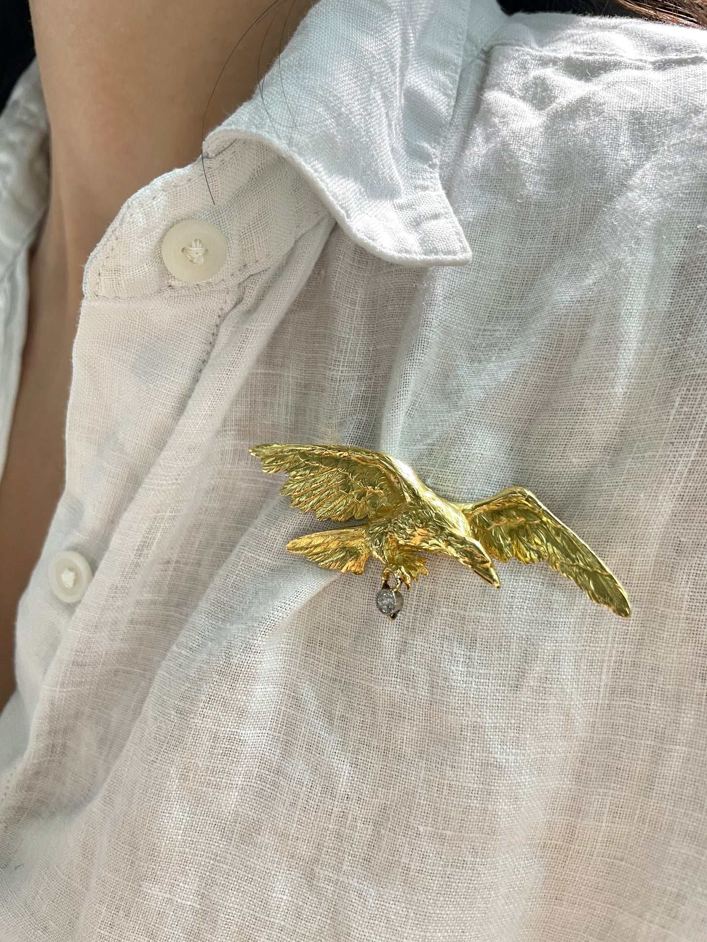 Antique French 18K Gold Diamond Flying Eagle Brooch